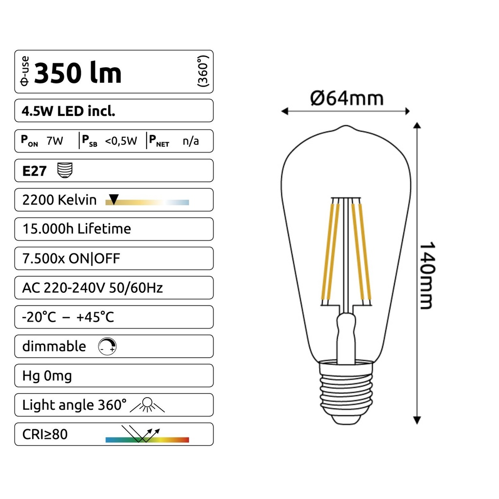 C722 - E27/ST64 -4,5W - 450 lm - Dim. -2200°K - Vintage
