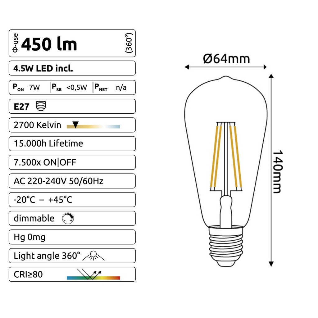 C723 - E27/ST64 - 4,5W - 450 lm - Dim. -2700°K - Clear