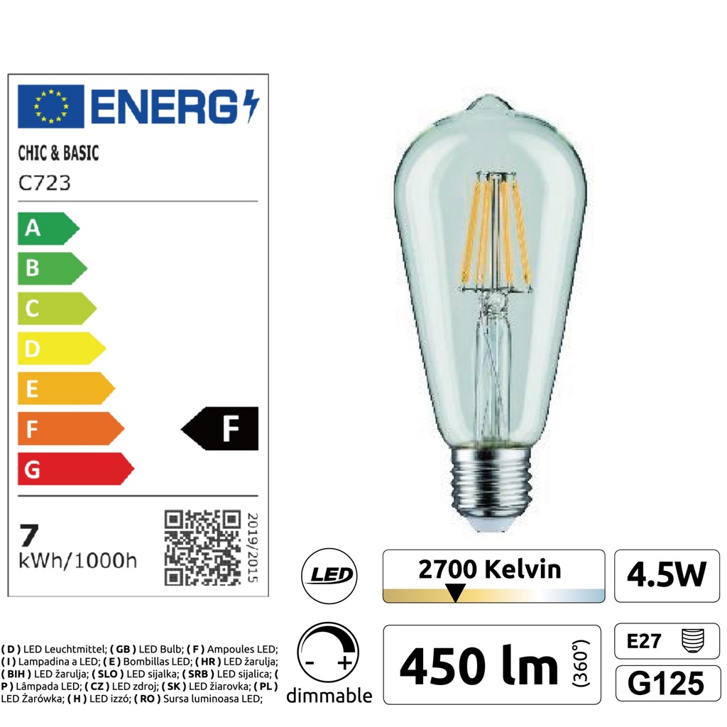 C723 - E27/ST64 - 4,5W - 450 lm - Dim. -2700°K - Clear