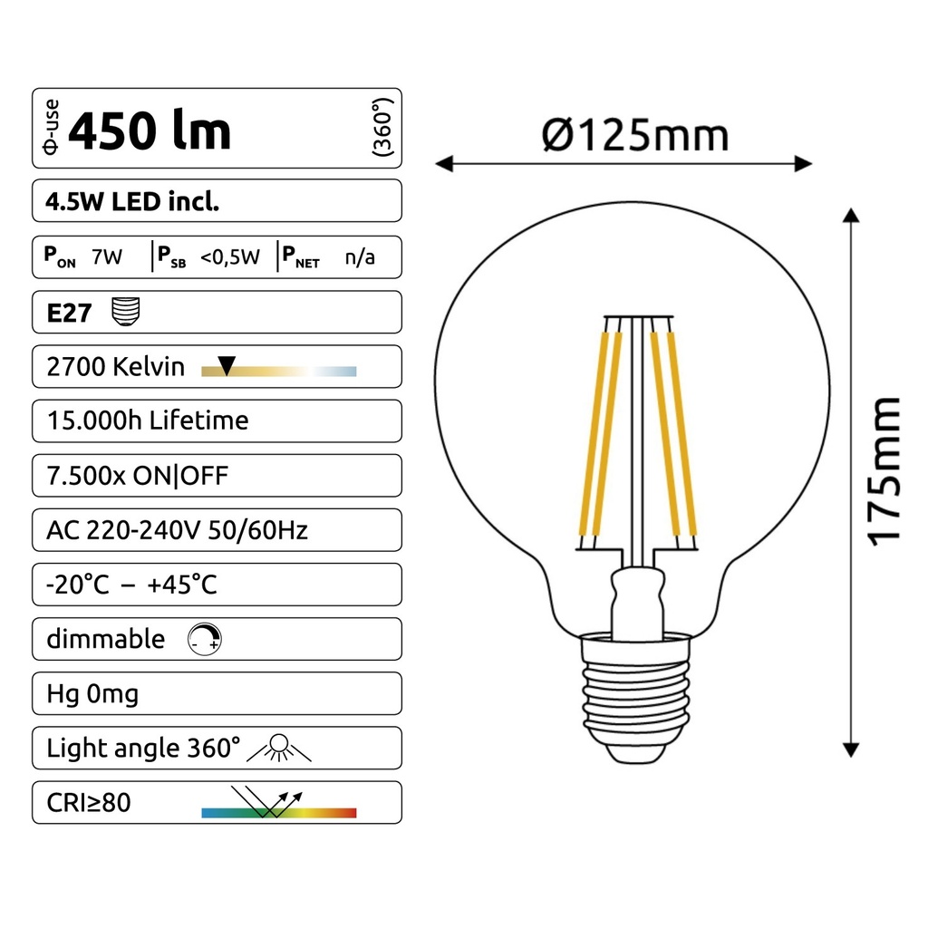 C920 - E27/G125 - 4,5W - 450 lm - Dim. - 2700°K - Milky