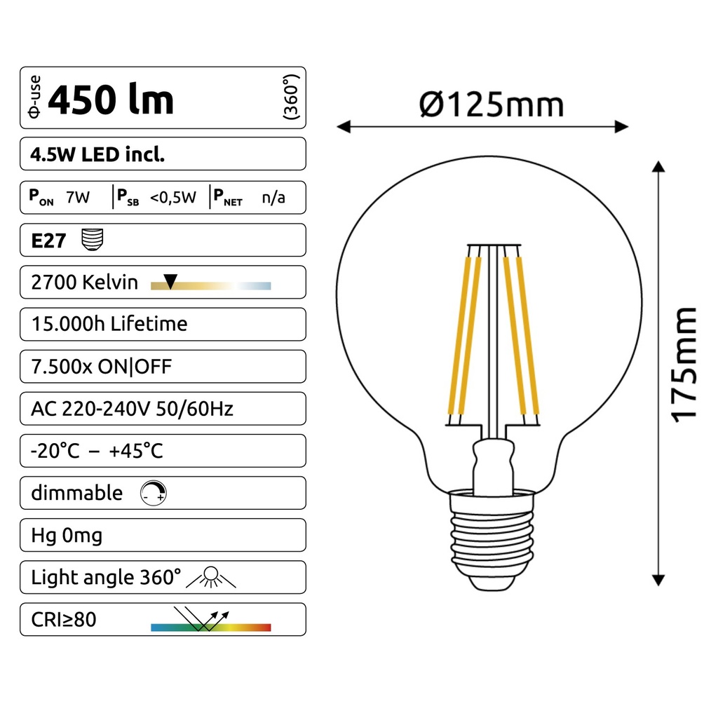 C923 - E27/G125 - 4,5W - 450 lm - Dim. - 2700°K - Clear