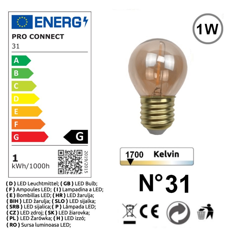 G31 - Amp. E27/G45 Fil. LED 1W 1700K - Antic