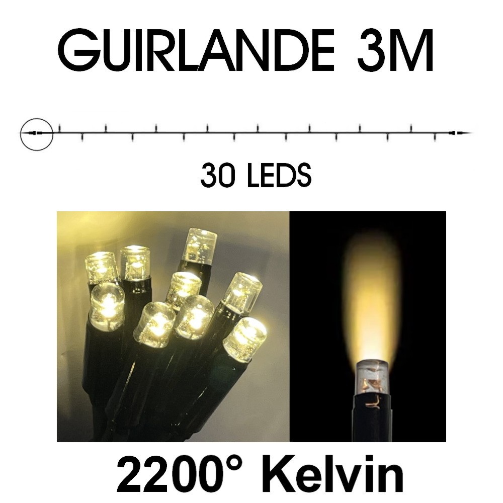 9510 - EXTENSION - Guirlande 30 LEDS (Fixe) - 3 m - Fil Noir - Blanc Chaud 2200°k
