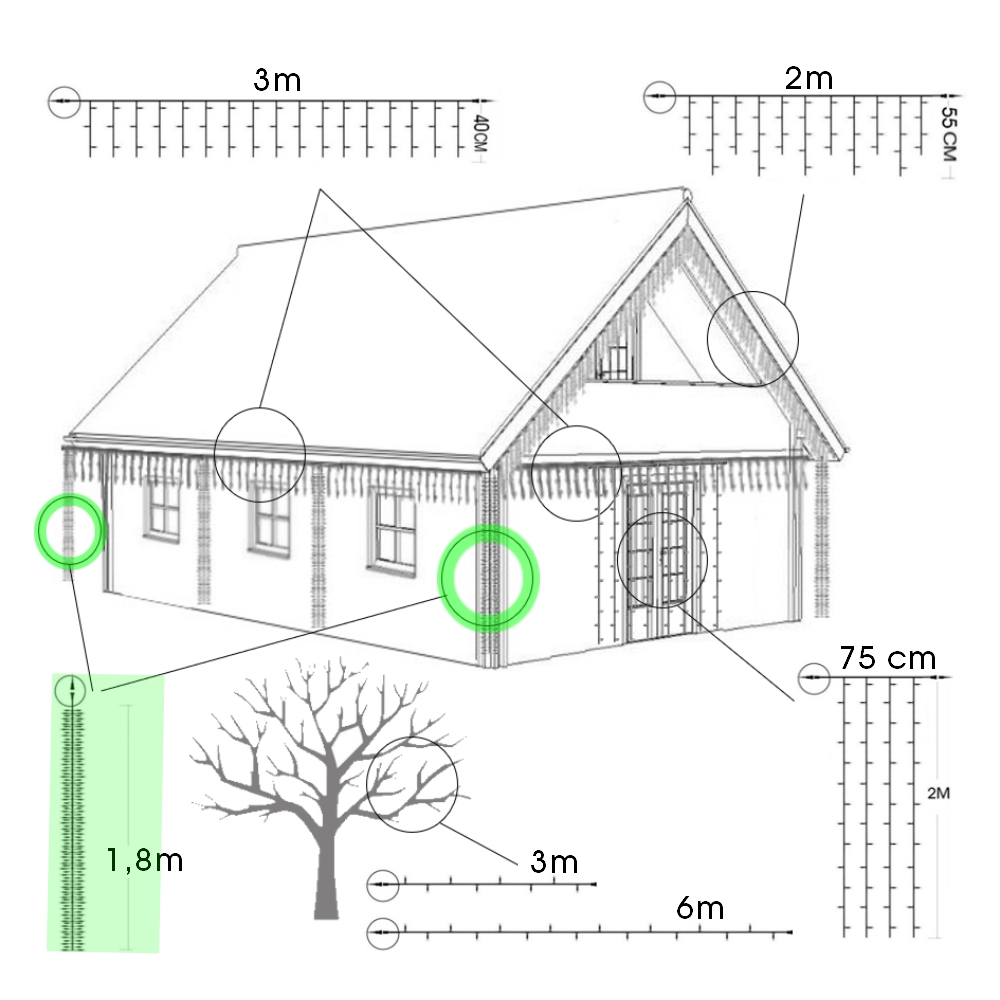 9572 - EXTENSION - Water Fall 120 LEDS (Progressif) - Ht. 1,80 m x 20 cm -  Fil Noir - Blanc Chaud 4000°K