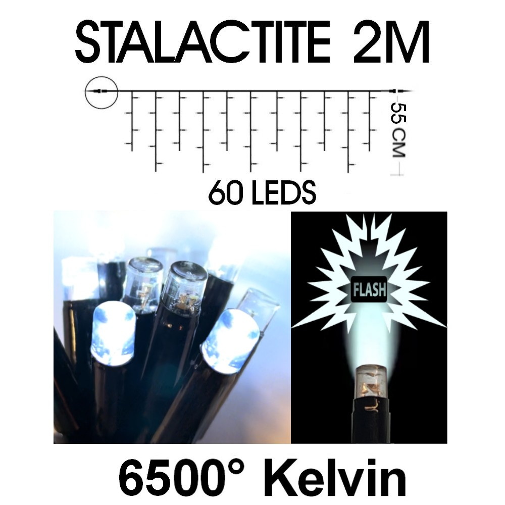 9533 - EXTENSION - Stalactite 60 LEDS (Flash) - L 2 m x H 55 cm -  Fil Noir - Blanc Froid 6500°K