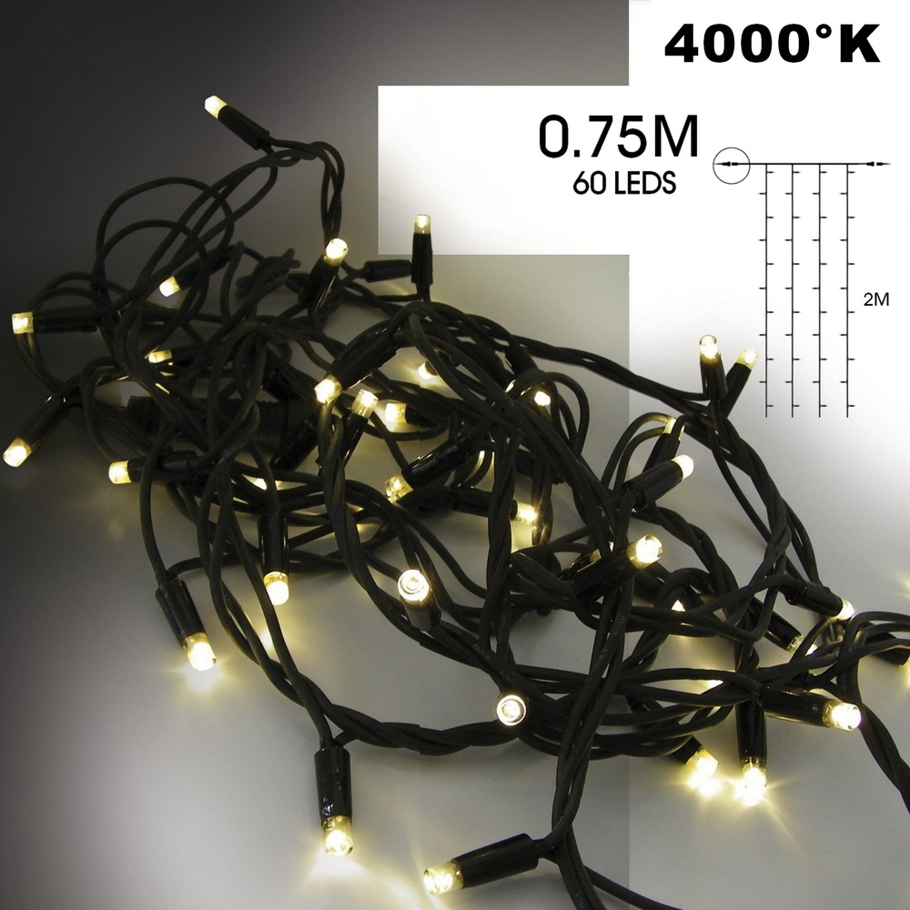 9552 - EXTENSION - Rideau long 60 LEDS (Flash) - Larg. 0,75m x Ht 200cm - Fil Noir - Blanc Chaud 4000°K